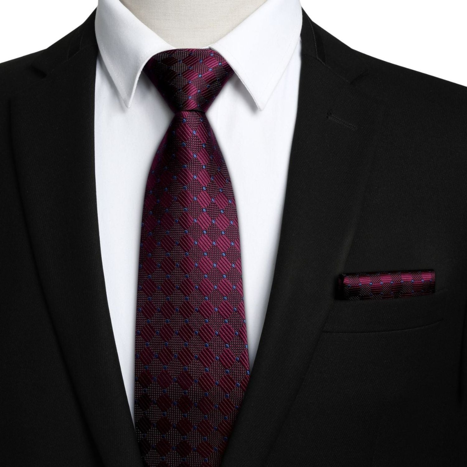 Plaid Tie Handkerchief Set - B-BURGUNDY