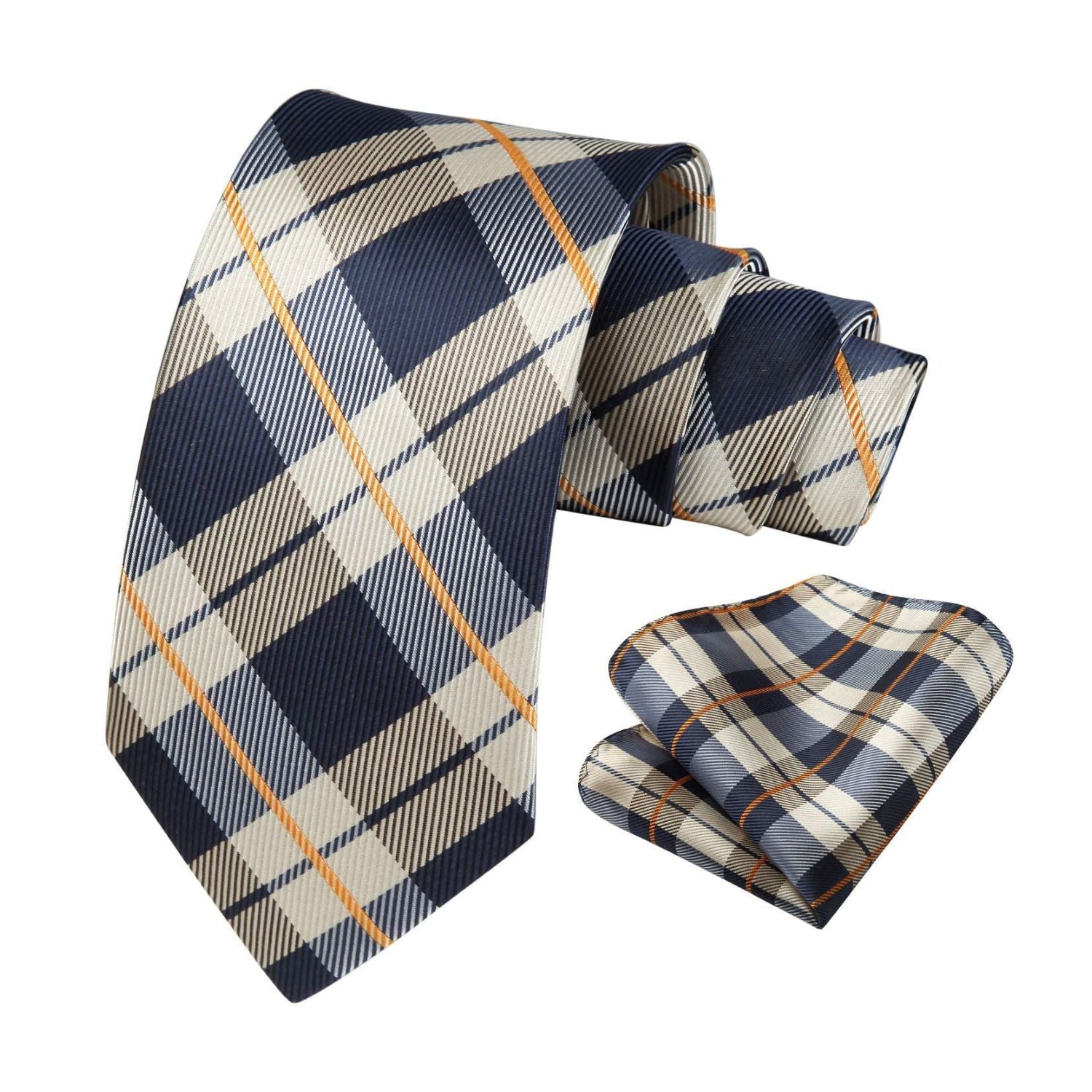Plaid Tie Handkerchief Set - BROWN/NAVY BLUE