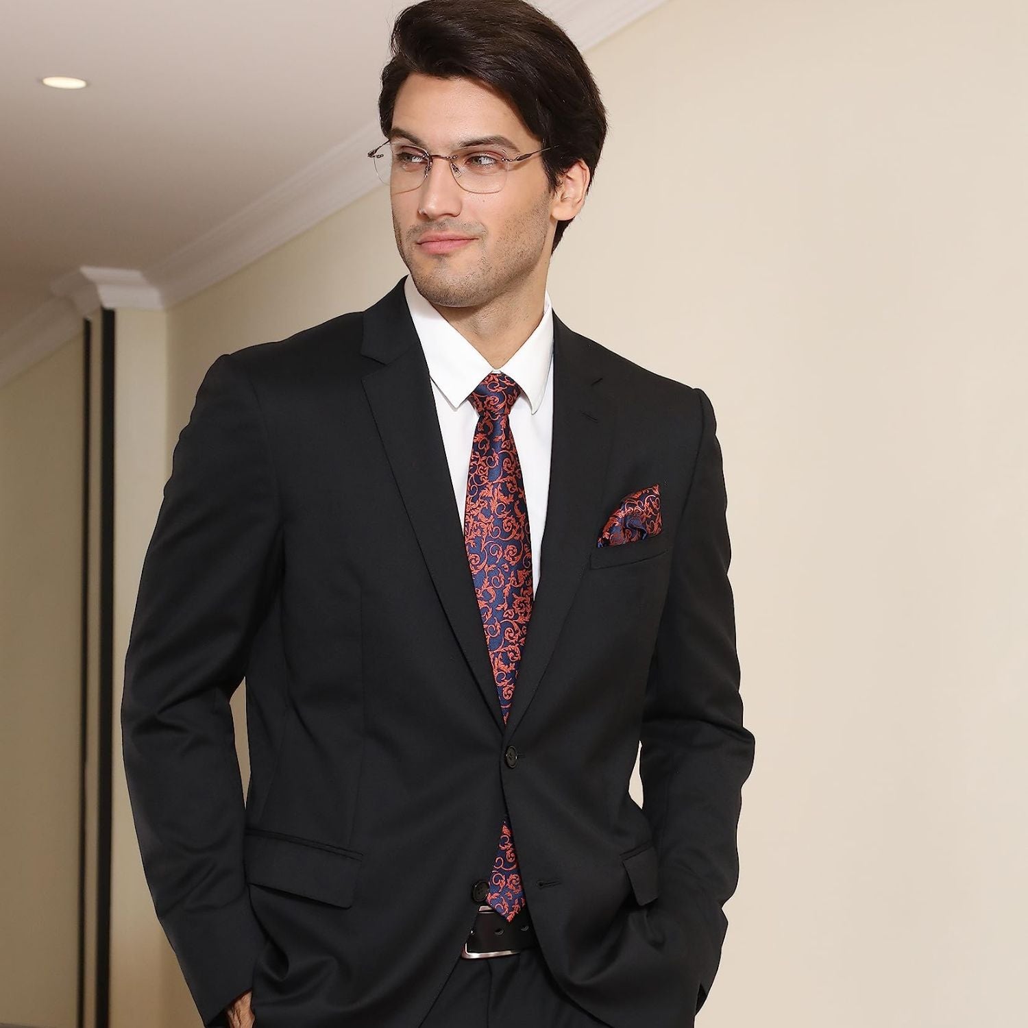 Paisley Tie Handkerchief Set - A-ORANGE/NAVY BLUE