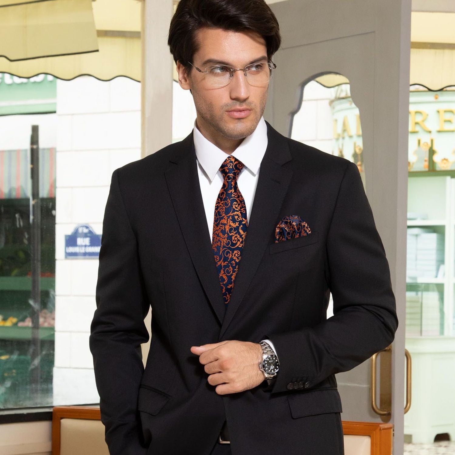 Paisley Tie Handkerchief Set - A-ORANGE/NAVY BLUE