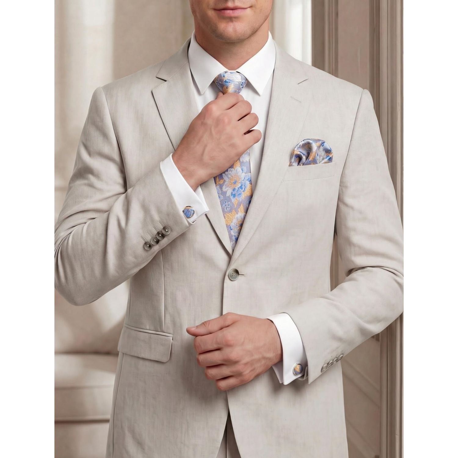 Hisdern Blue White Floral Wedding Tie Set with Cufflinks