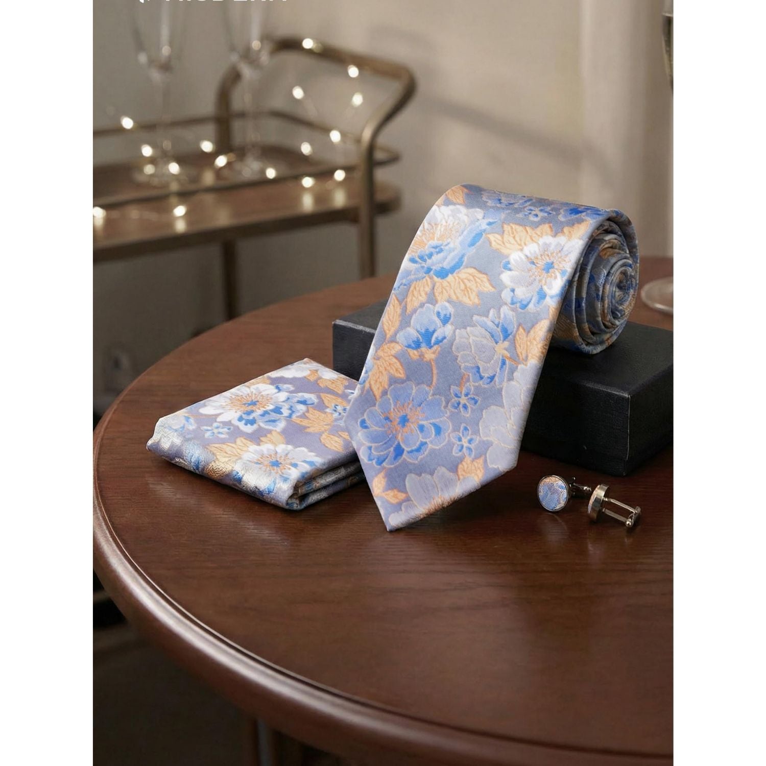 Hisdern Blue White Floral Wedding Tie Set with Cufflinks