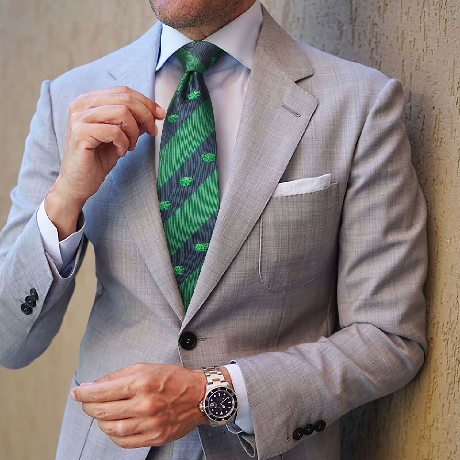 Frog Tie Handkerchief Set - 06-GREEN/NAVY BLUE