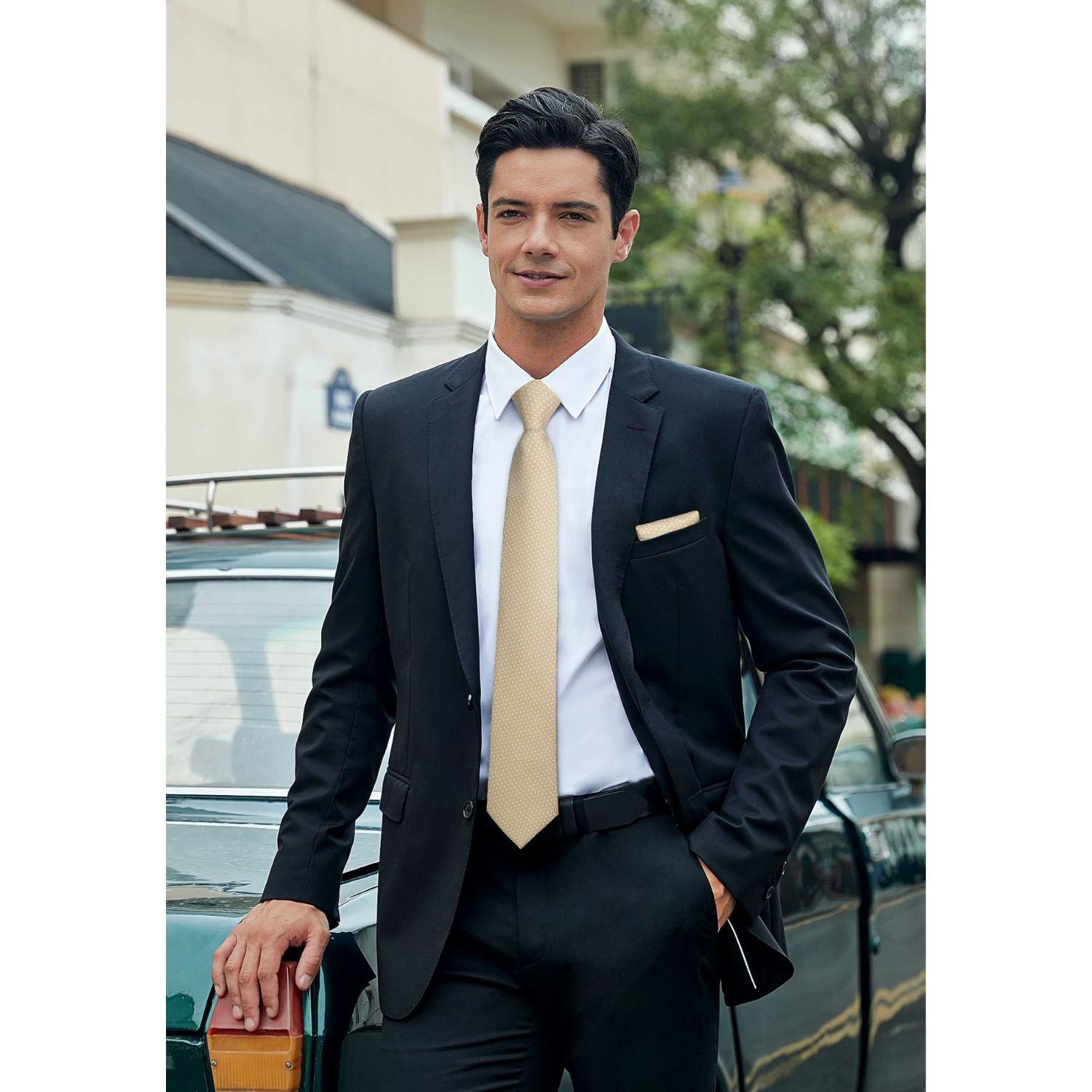 Hisdern Beige Houndstooth Wedding Tie Set