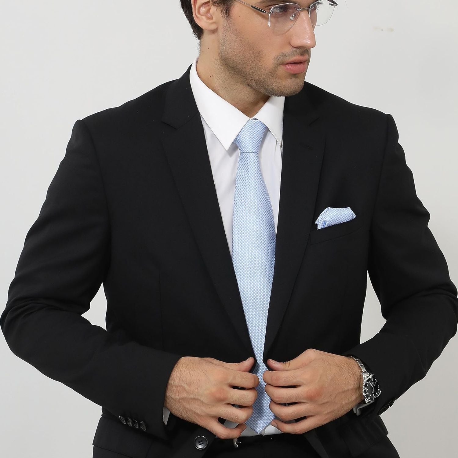 Houndstooth Tie Handkerchief Set - LIGHT BLUE