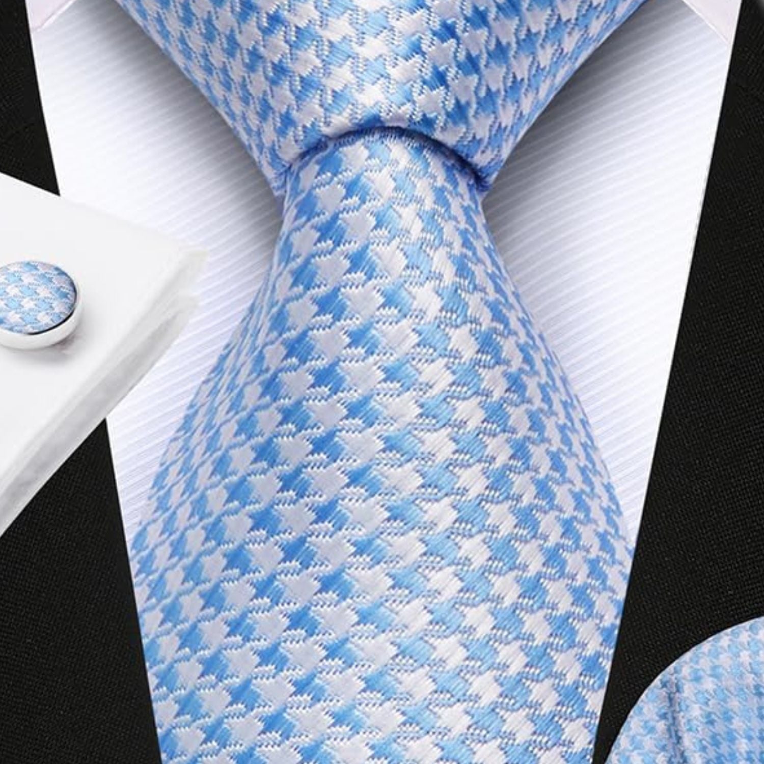 Hisdern Light Blue 3.15" Paisley Pre-Tied Ties Business Accessories Set with Cufflinks