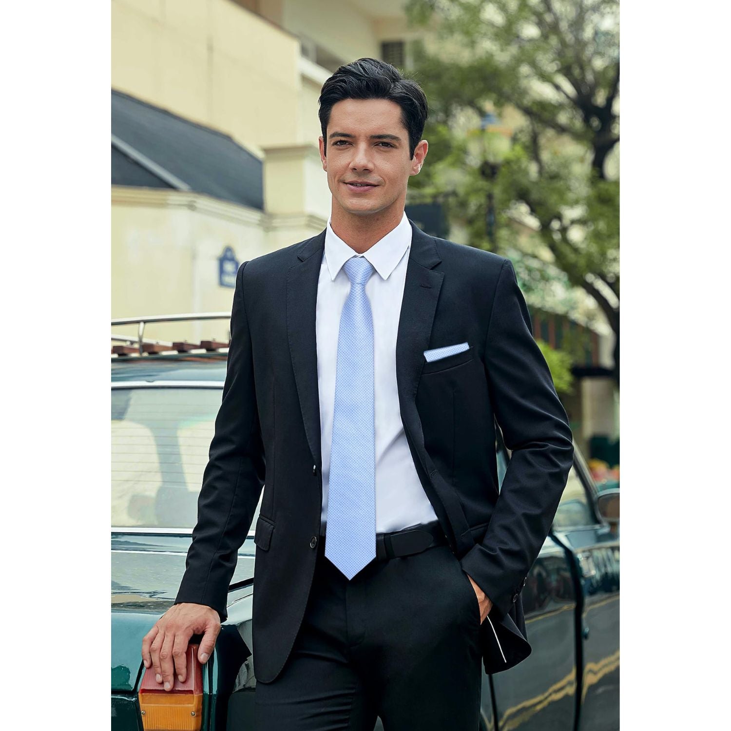 Hisdern Light Blue 3.15" Paisley Pre-Tied Ties Business Accessories Set with Cufflinks