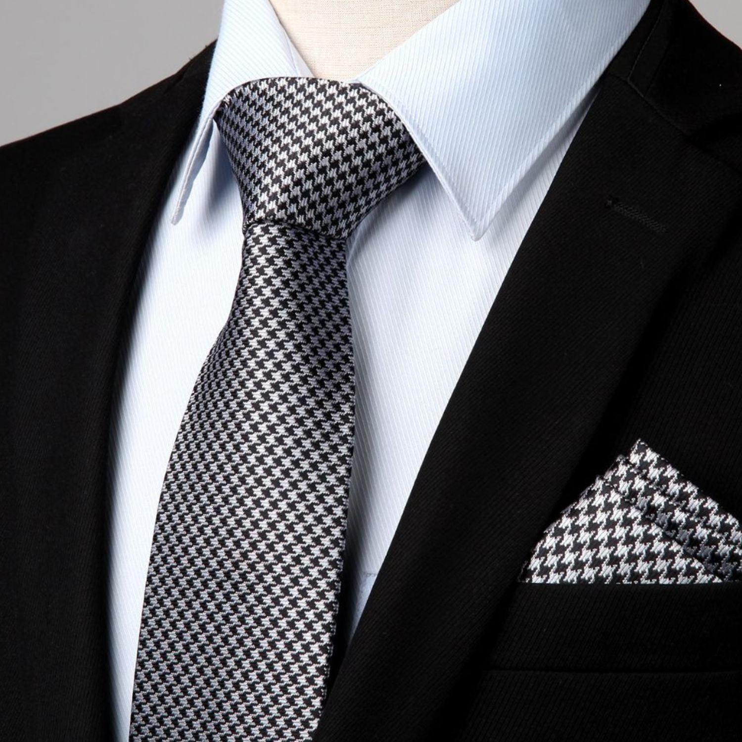 Houndstooth Tie Handkerchief Set - C-02 GREY HOUNDSTOOTH