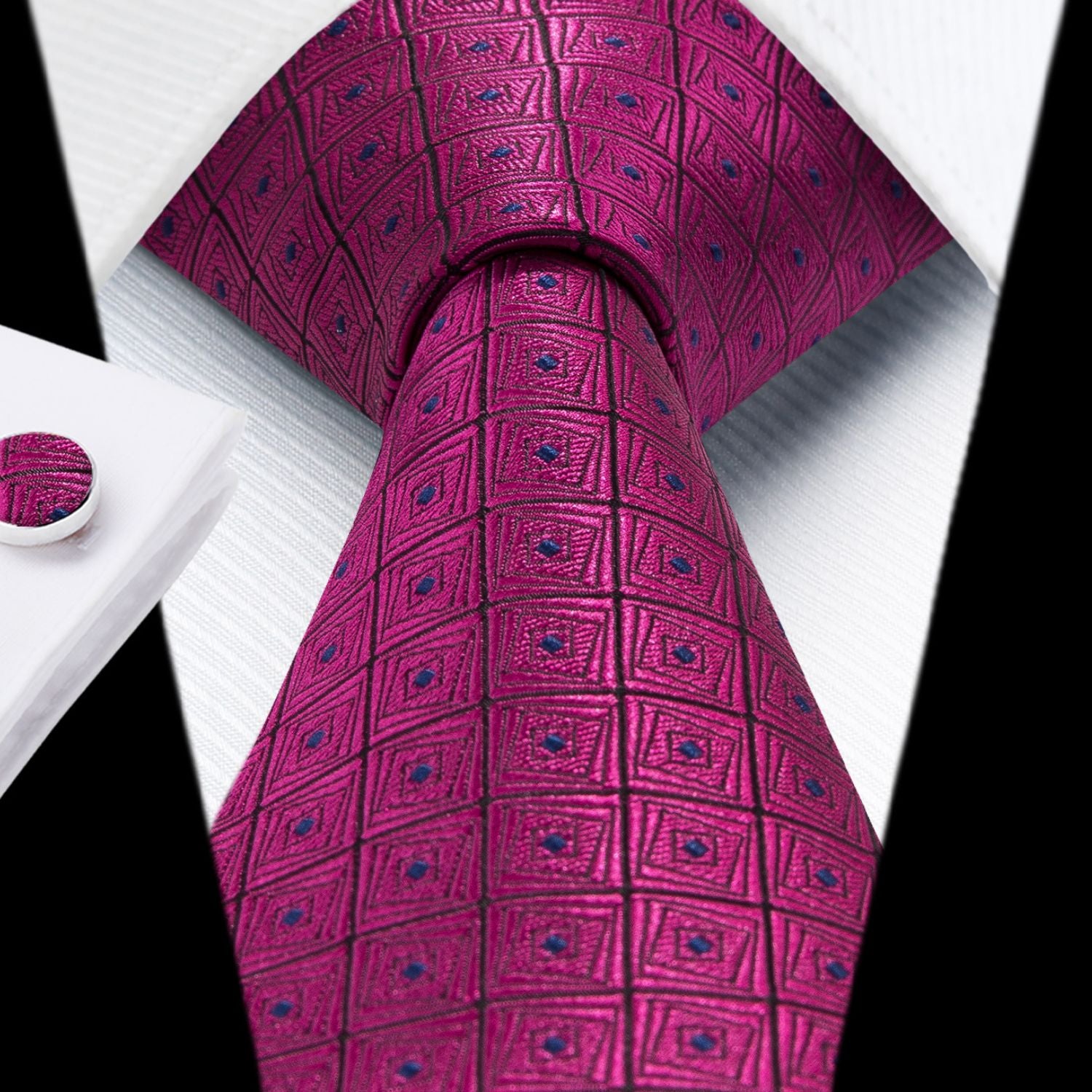 Hisdern Hot Pink Plaid Wedding Accessories Set with Cufflinks