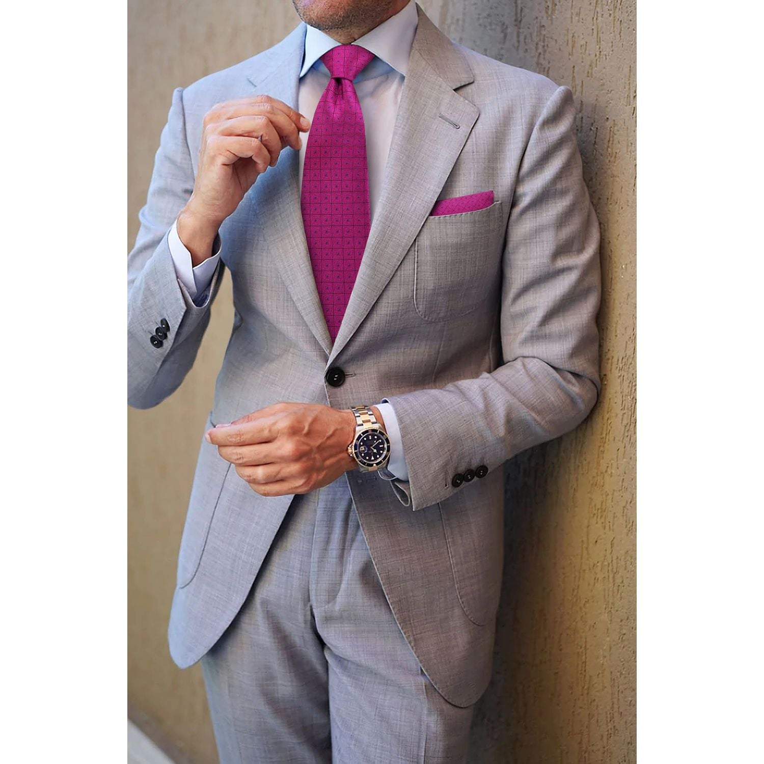 Hisdern Hot Pink Plaid Wedding Accessories Set with Cufflinks