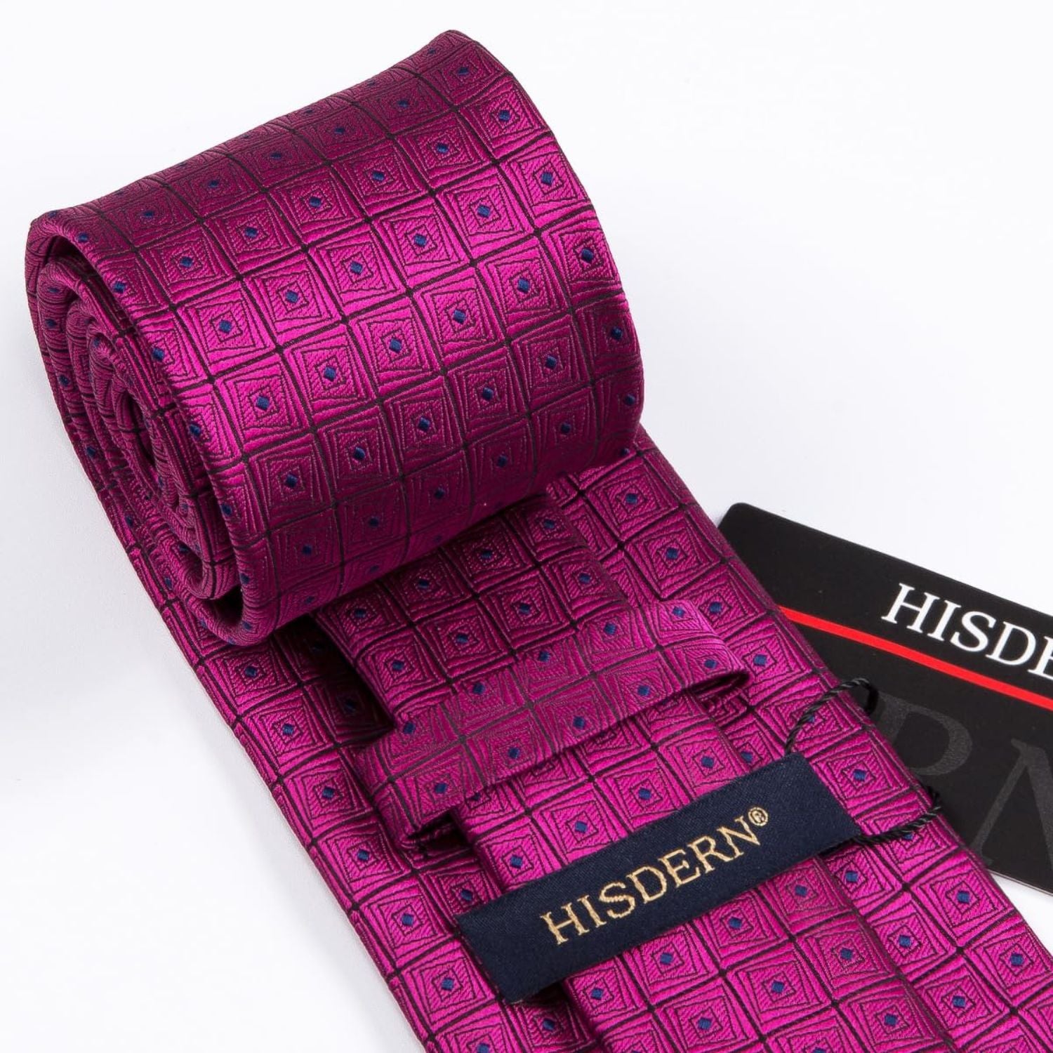 Hisdern Hot Pink Plaid Wedding Accessories Set with Cufflinks