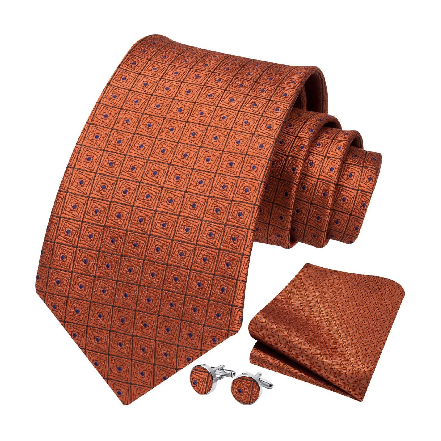 Hisdern Orange Plaid Wedding Accessories Set with Cufflinks