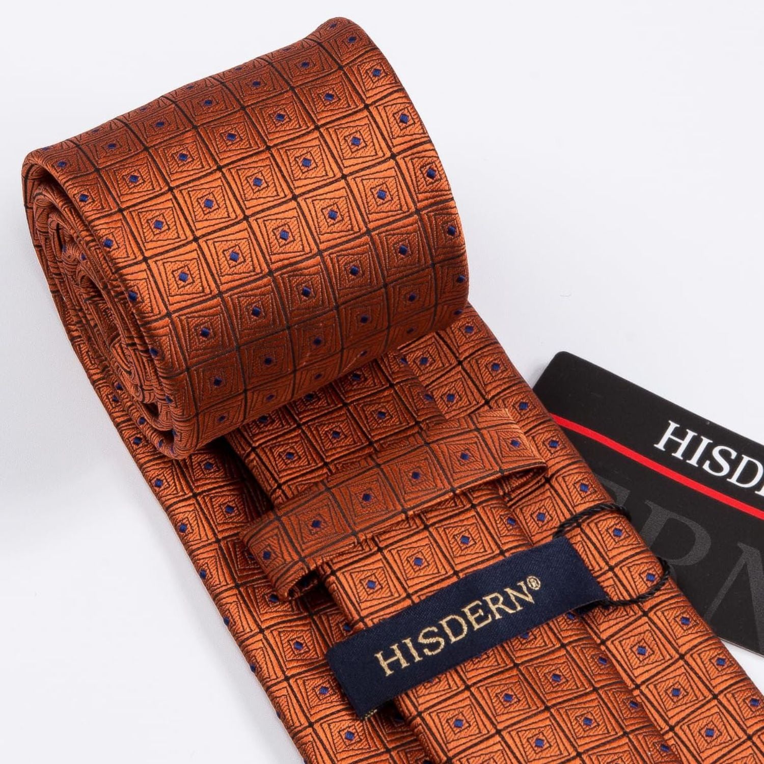 Hisdern Orange Plaid Wedding Accessories Set with Cufflinks