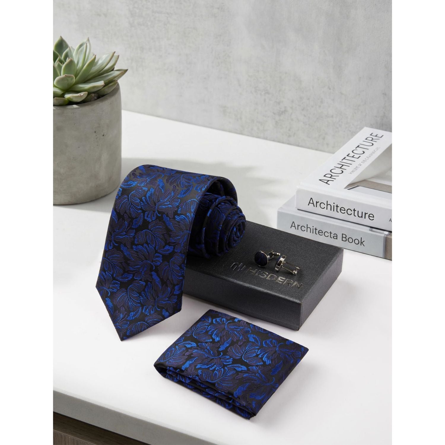 Hisdern Blue Floral Wedding Tie Set with Cufflinks