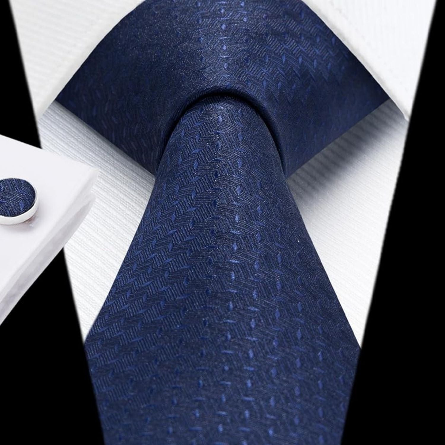 Hisdern Navy Blue Houndstooth Wedding Tie Set with Cufflinks