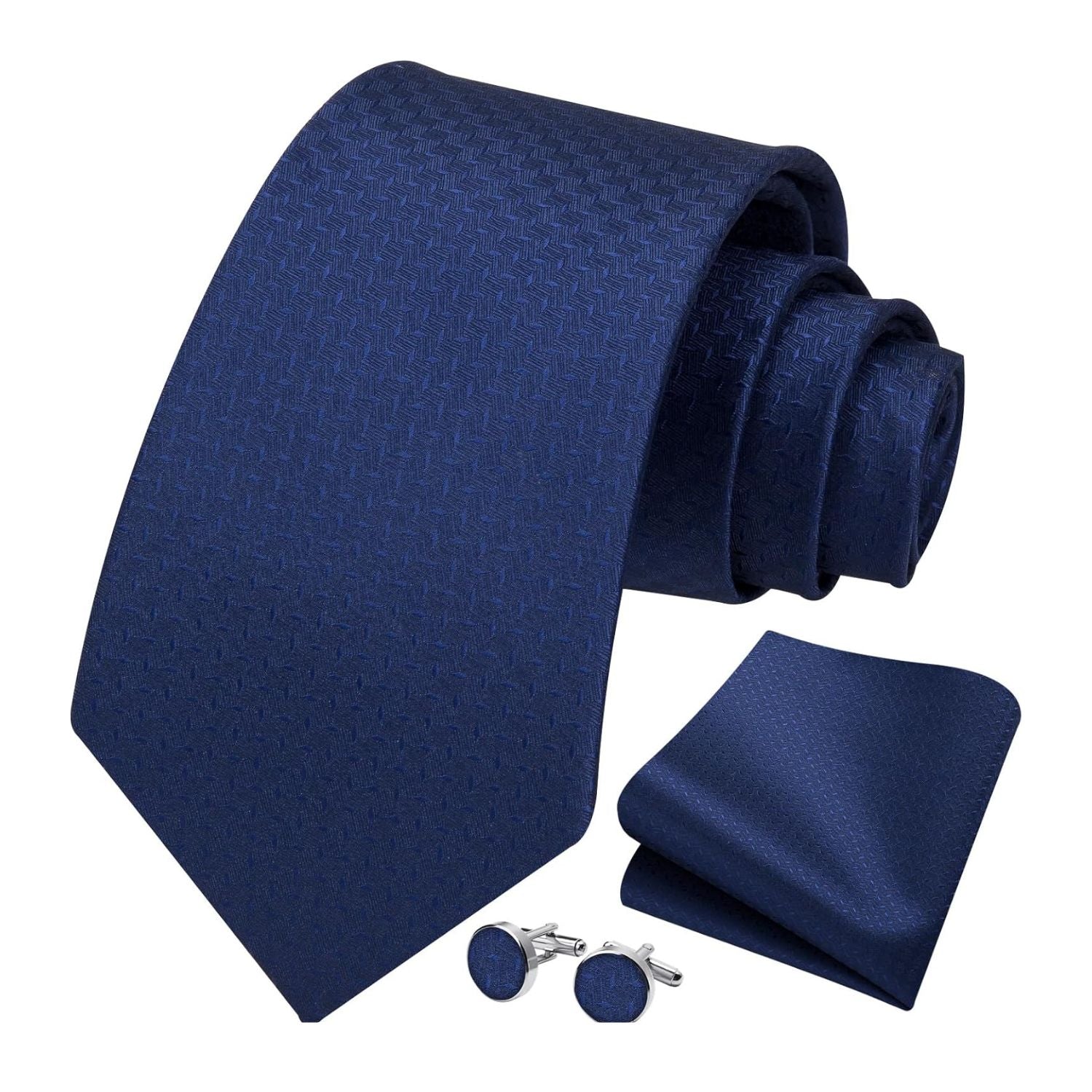 Hisdern Navy Blue Houndstooth Wedding Tie Set with Cufflinks