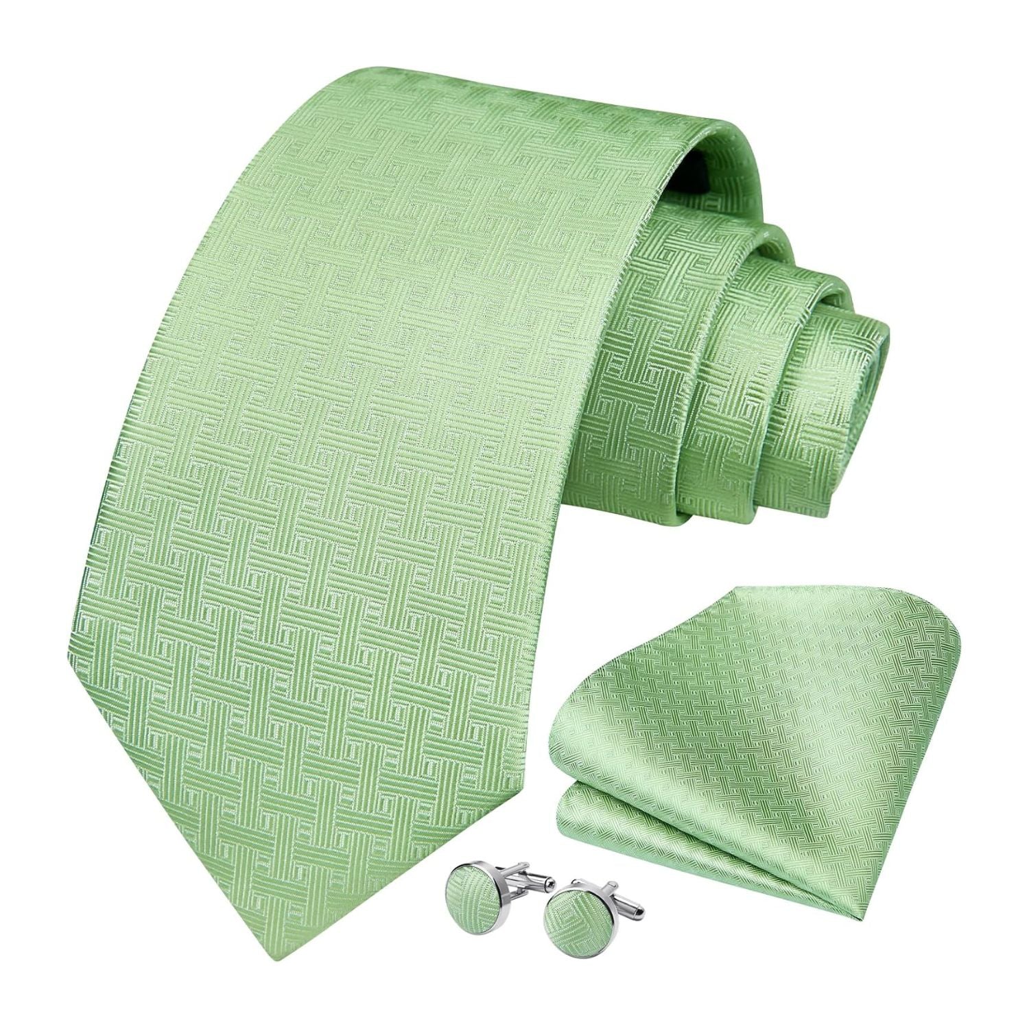 Hisdern Sage Green Houndstooth Wedding Tie Set with Cufflinks