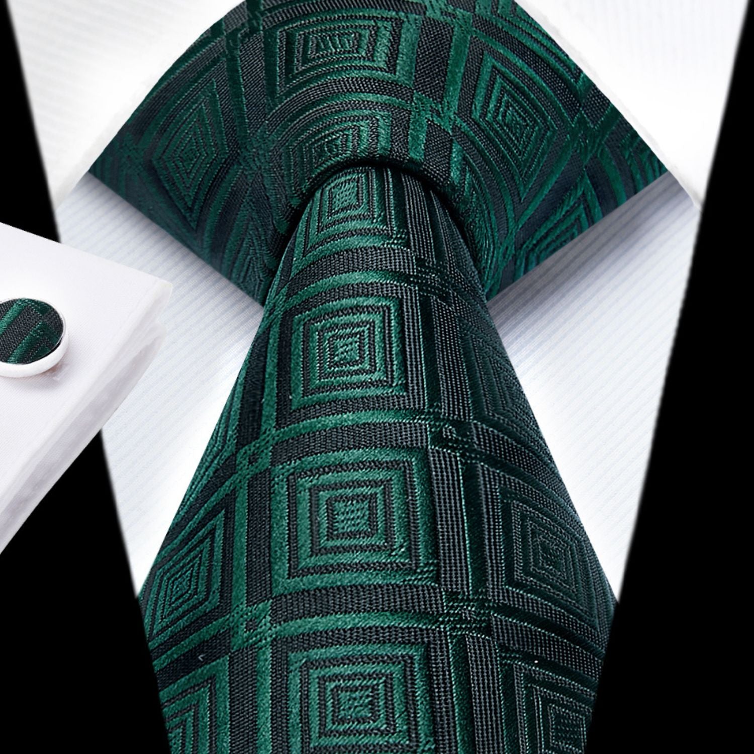 Hisdern Black Green Plaid Wedding Accessories Set with Cufflinks
