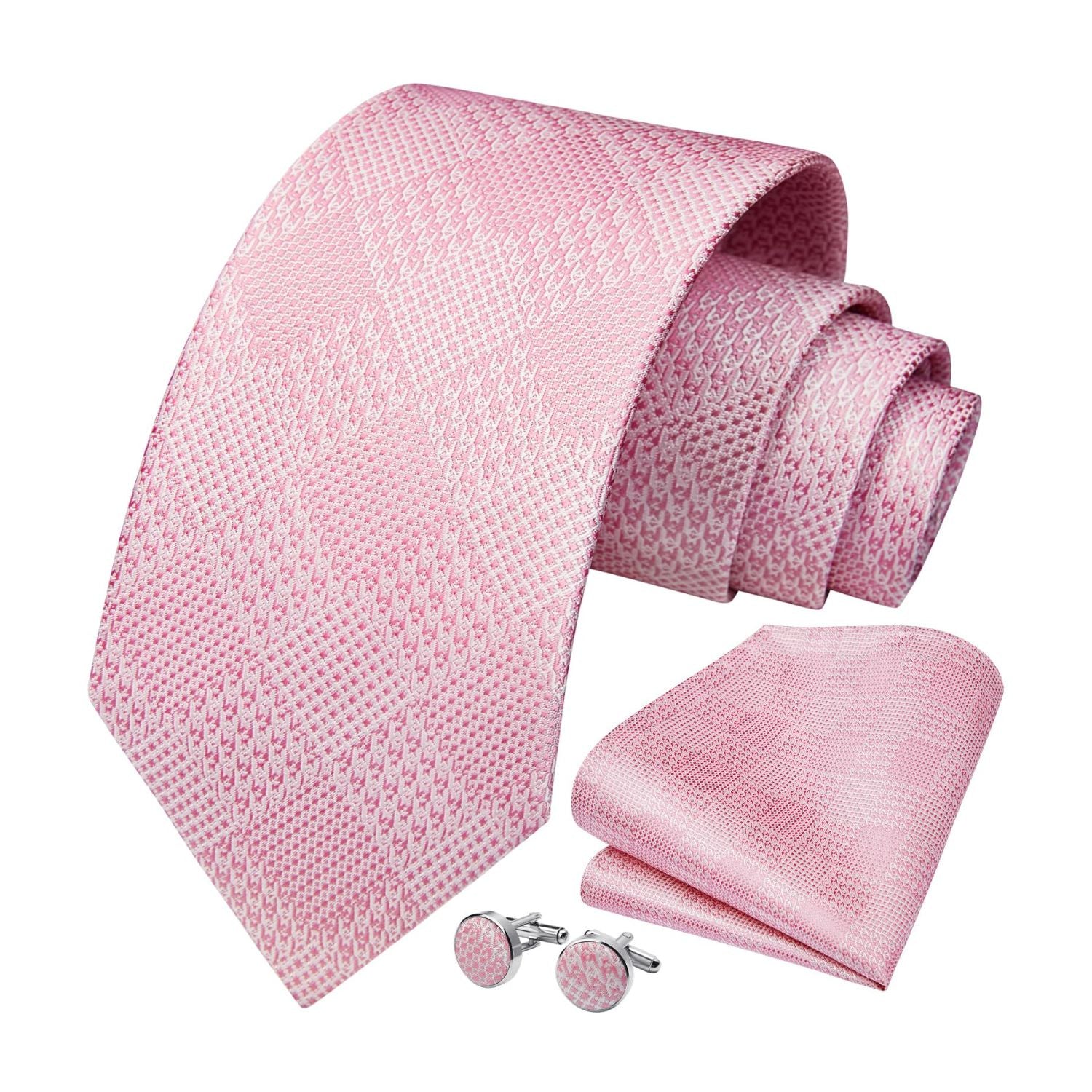 Hisdern Pink Plaid Wedding Accessories Set with Cufflinks