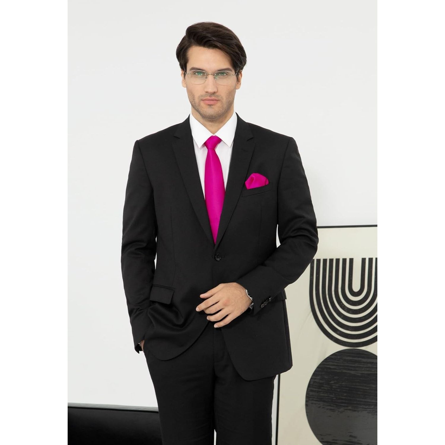 Solid Tie Handkerchief Set - A1-HOT PINK