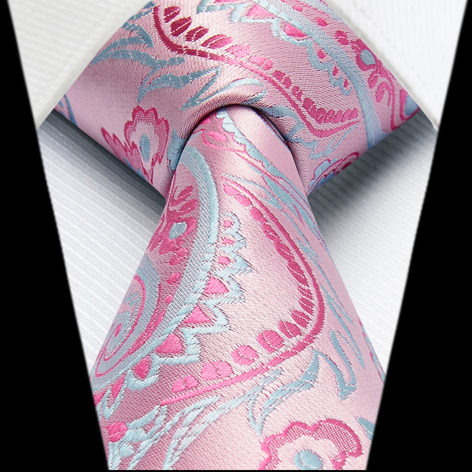 Pink and blue paisley tie and pocket square set