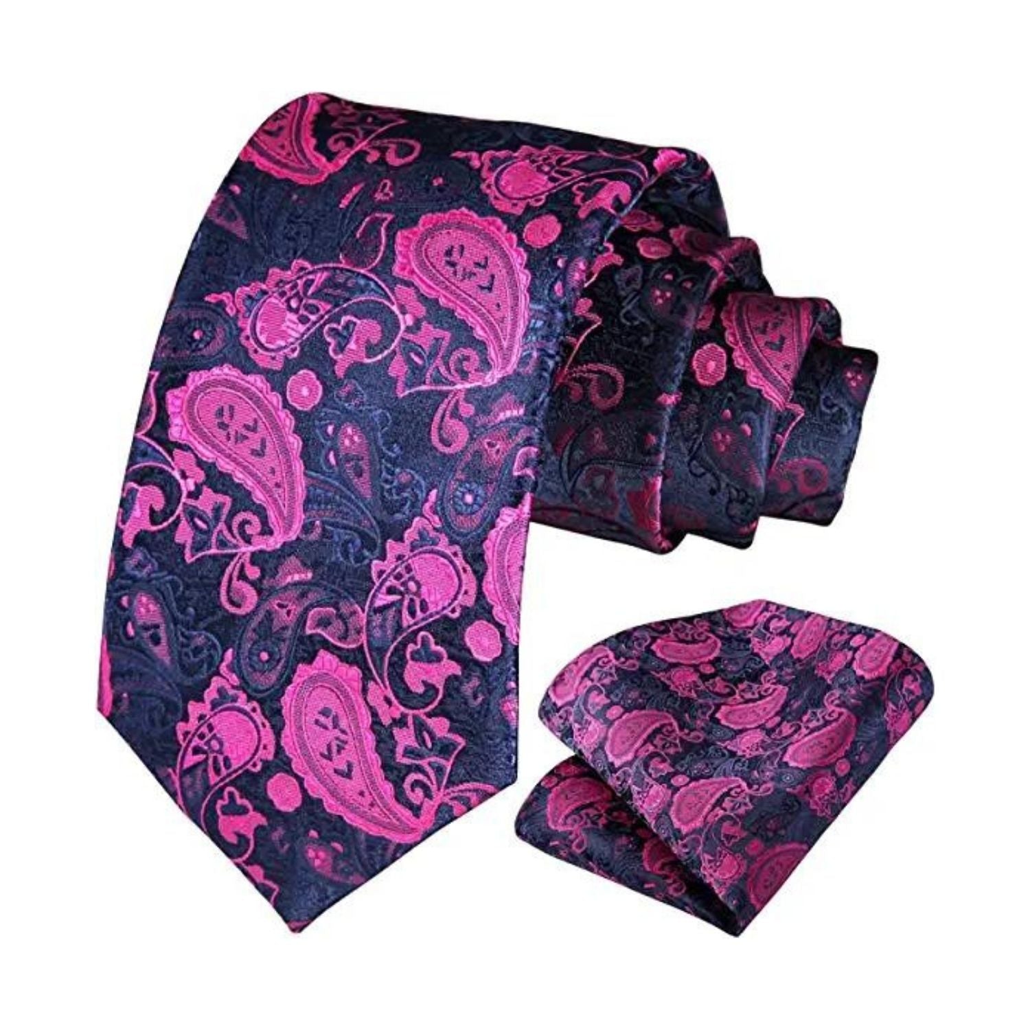 Paisley Tie Handkerchief Set - A9-HOT PINK/NAVY BLUE