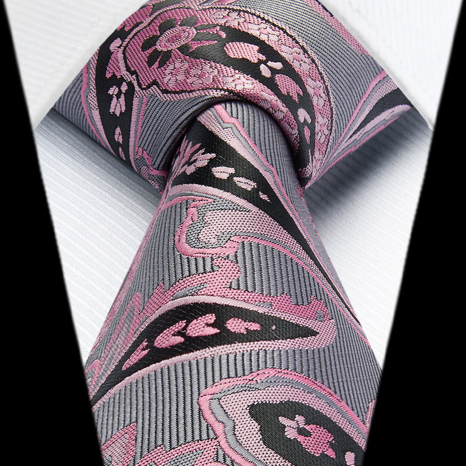 Pink and gray paisley tie and pocket square set