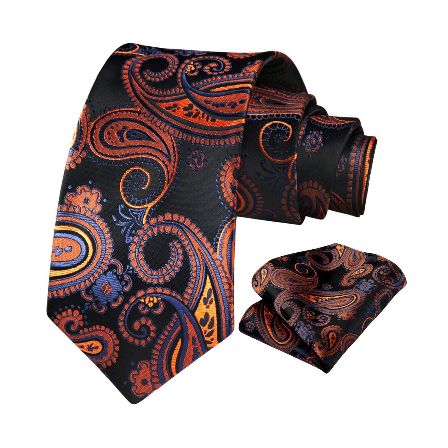 Paisley Floral Tie Handkerchief Set - BLACK/ORANGE