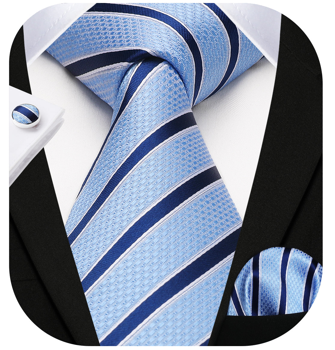 Stripe Tie Handkerchief Cufflinks - 01-SKY BLUE