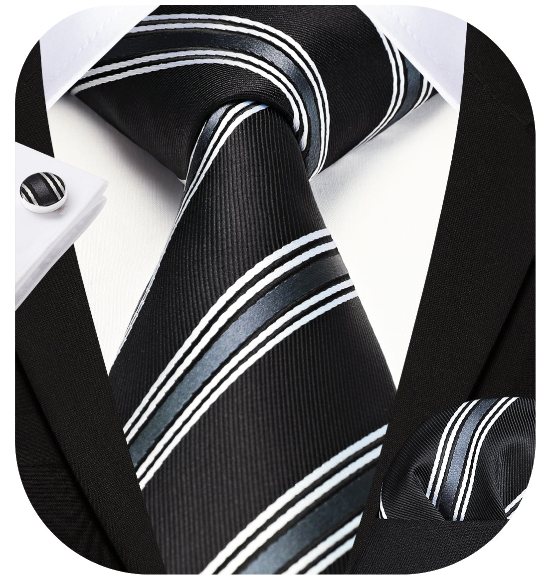 Stripe Tie Handkerchief Cufflinks - 03-BLACK3