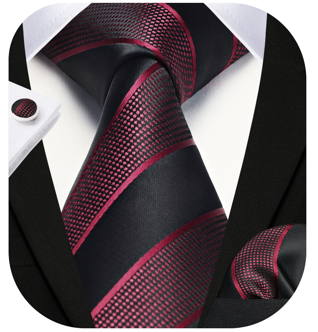 Stripe Tie Handkerchief Cufflinks - 02A-RED/BLACK