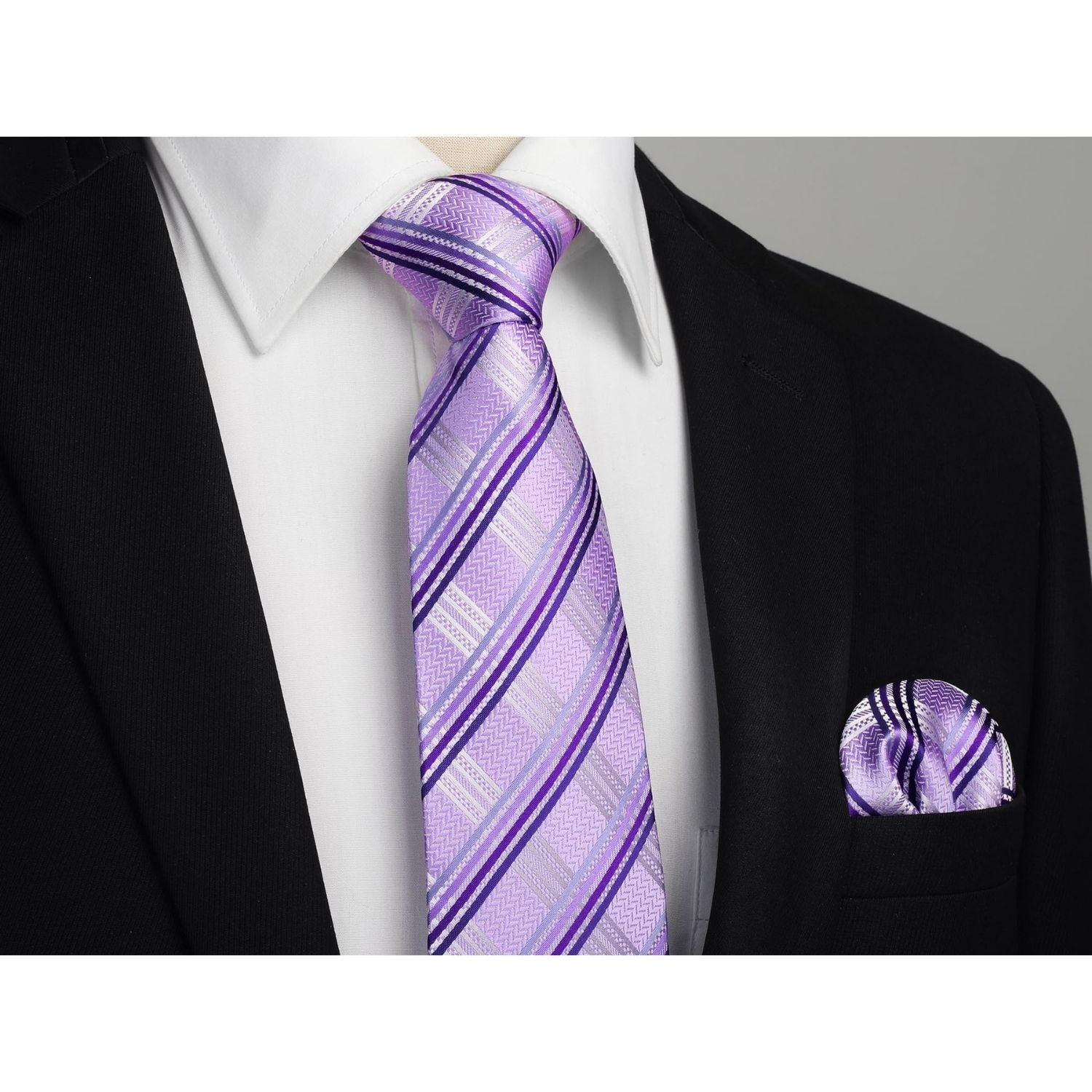 Stripe Tie Handkerchief Set - PURPLE