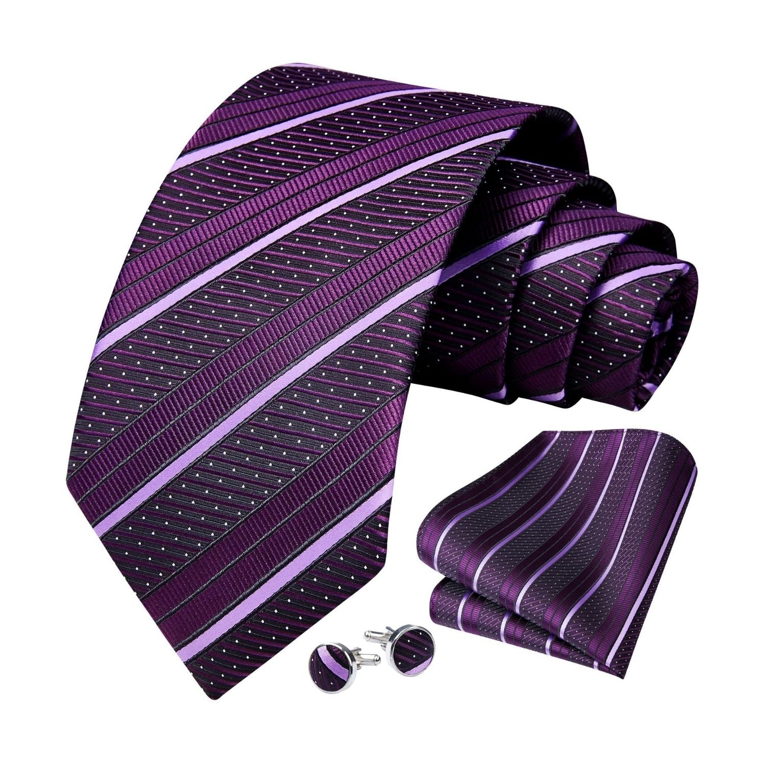 Stripe Tie Handkerchief Cufflinks - 08-PURPLE 2