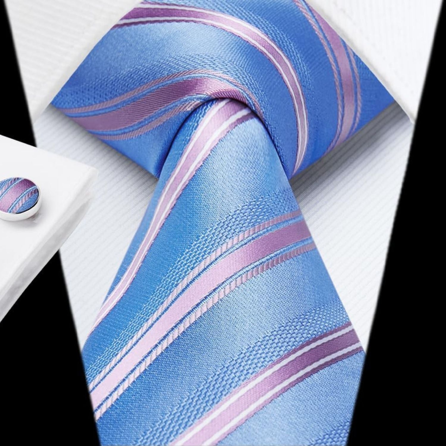 Hisdern Blue Striped Wedding Accessories Set with Cufflinks