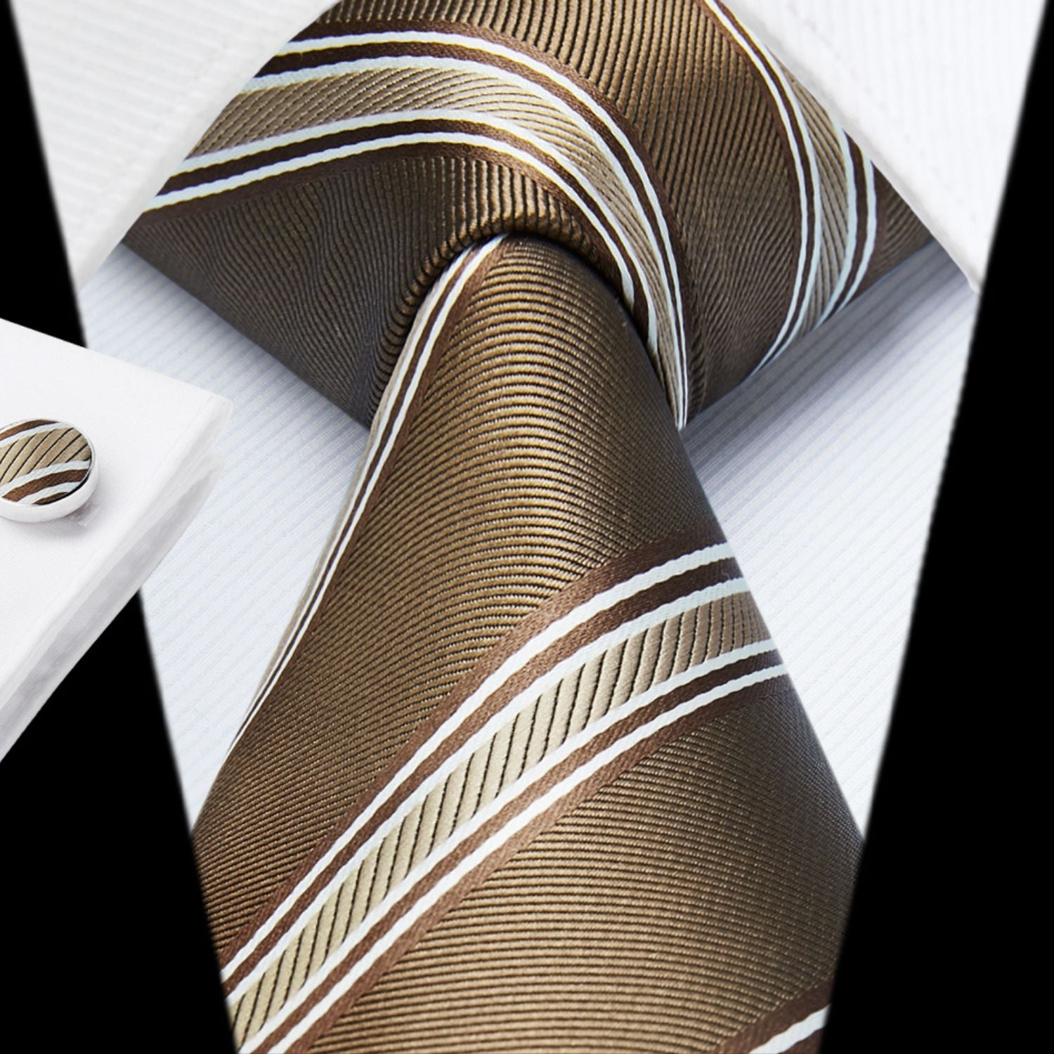 Hisdern Brown Striped Wedding Accessories Set with Cufflinks