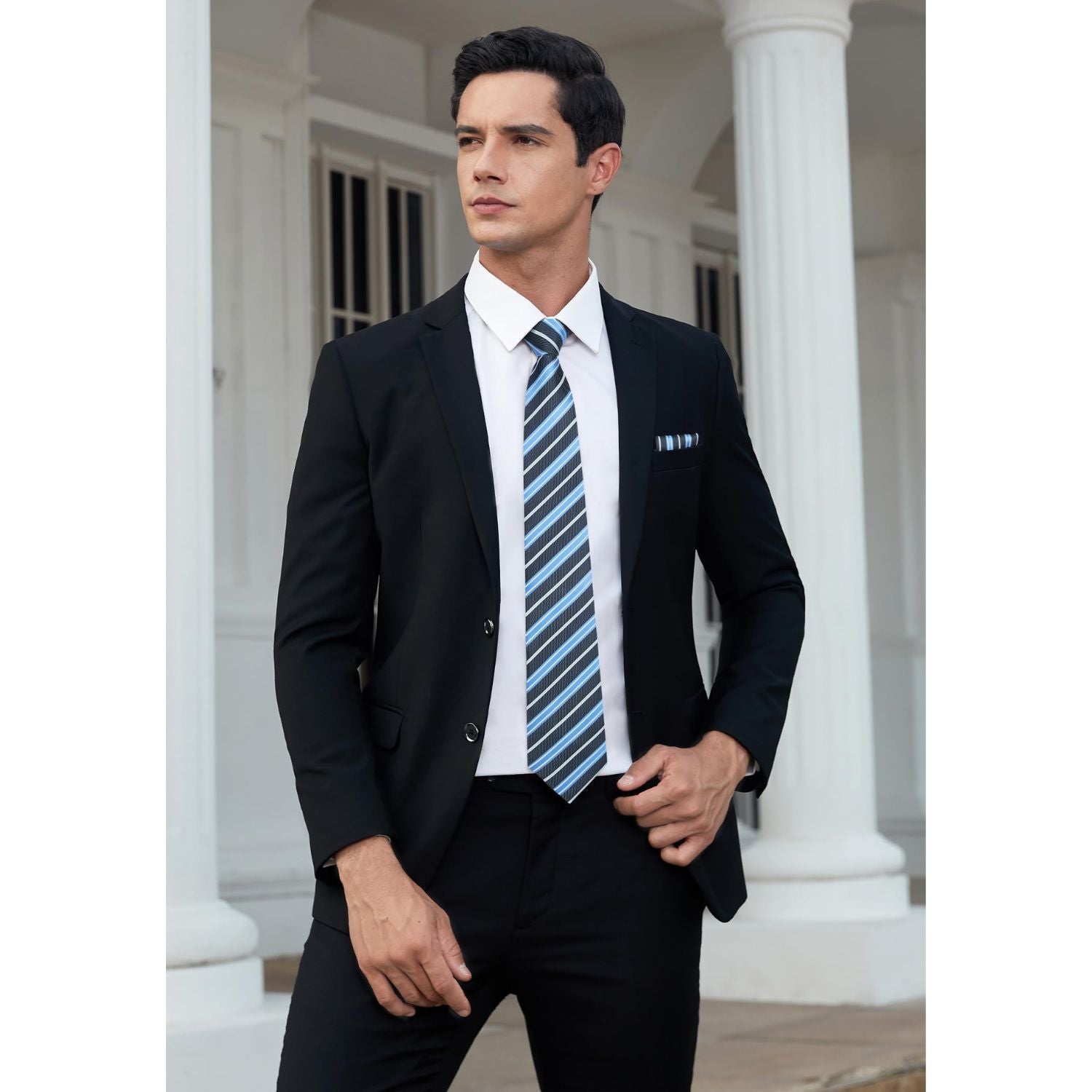 Hisdern Black Blue Striped Wedding Accessories Set with Cufflinks