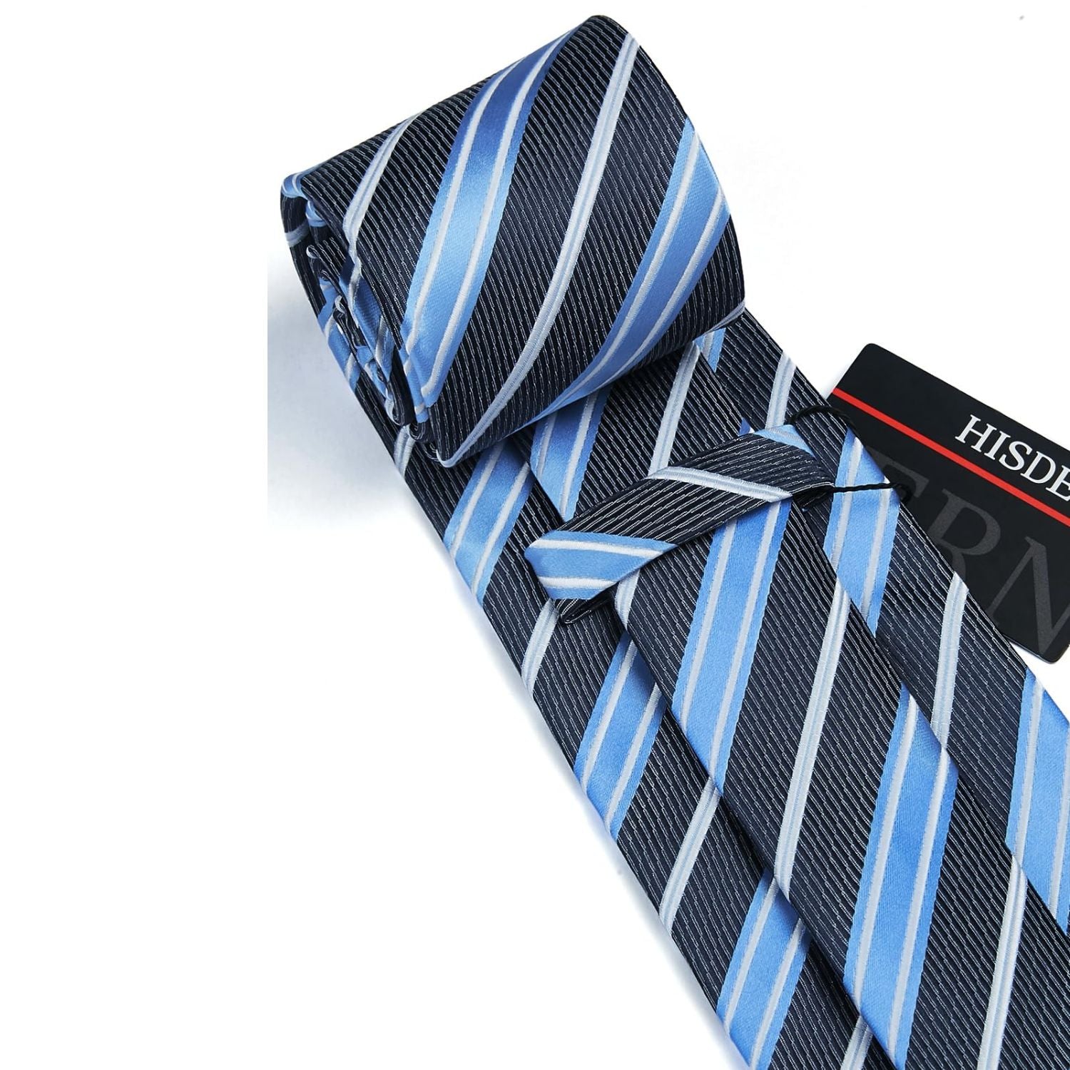 Hisdern Black Blue Striped Wedding Accessories Set with Cufflinks