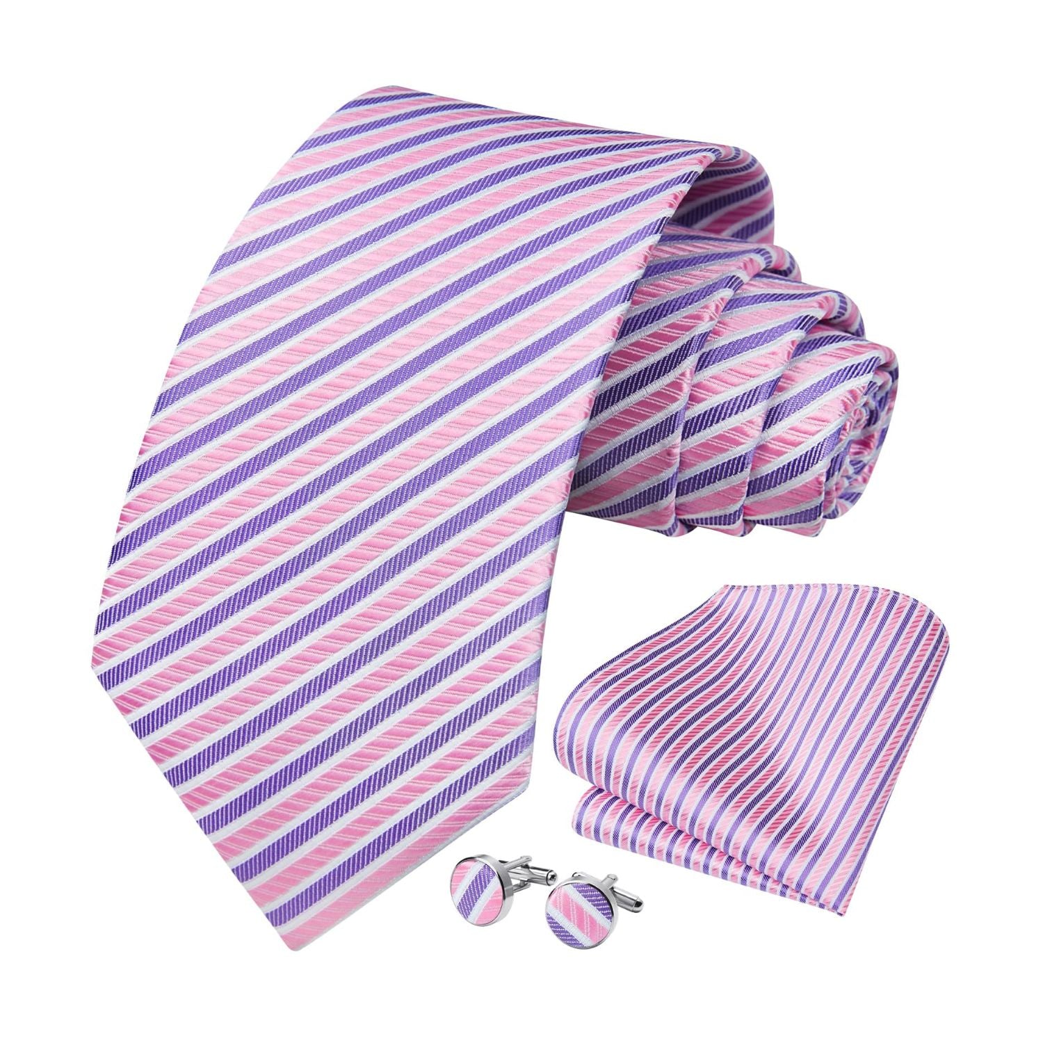 Hisdern Pink Striped Wedding Accessories Set with Cufflinks