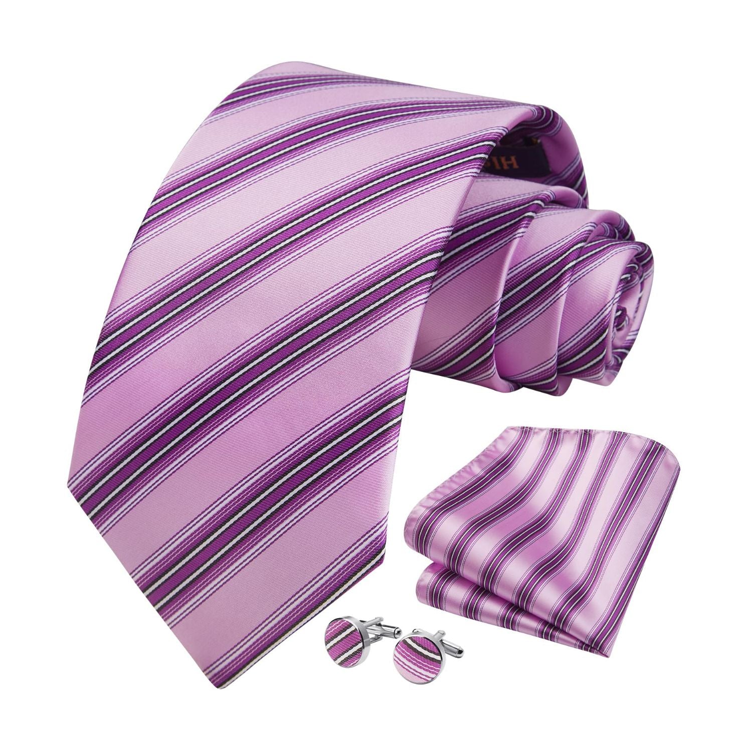 Hisdern Pink 2 Striped Wedding Accessories Set with Cufflinks