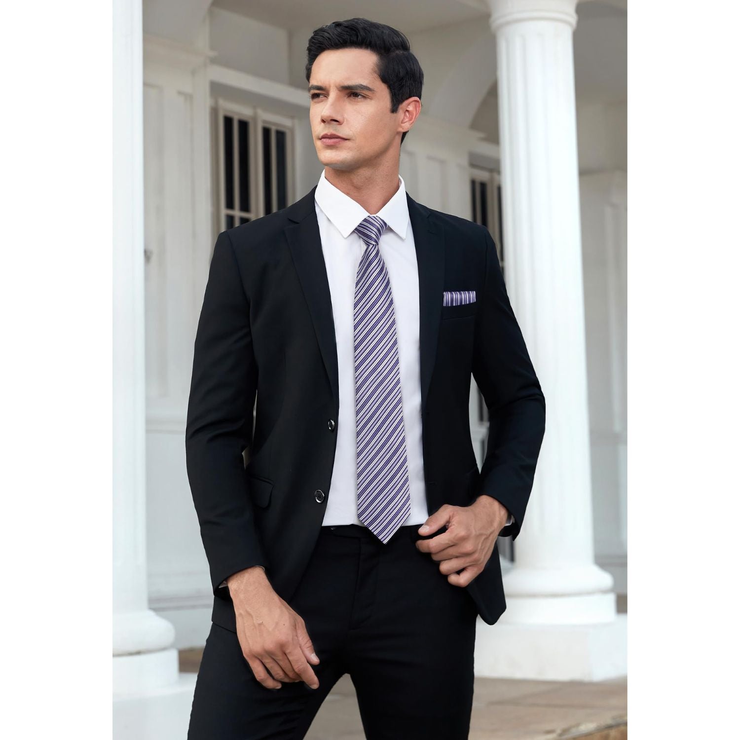 Hisdern Purple Striped Wedding Accessories Set with Cufflinks