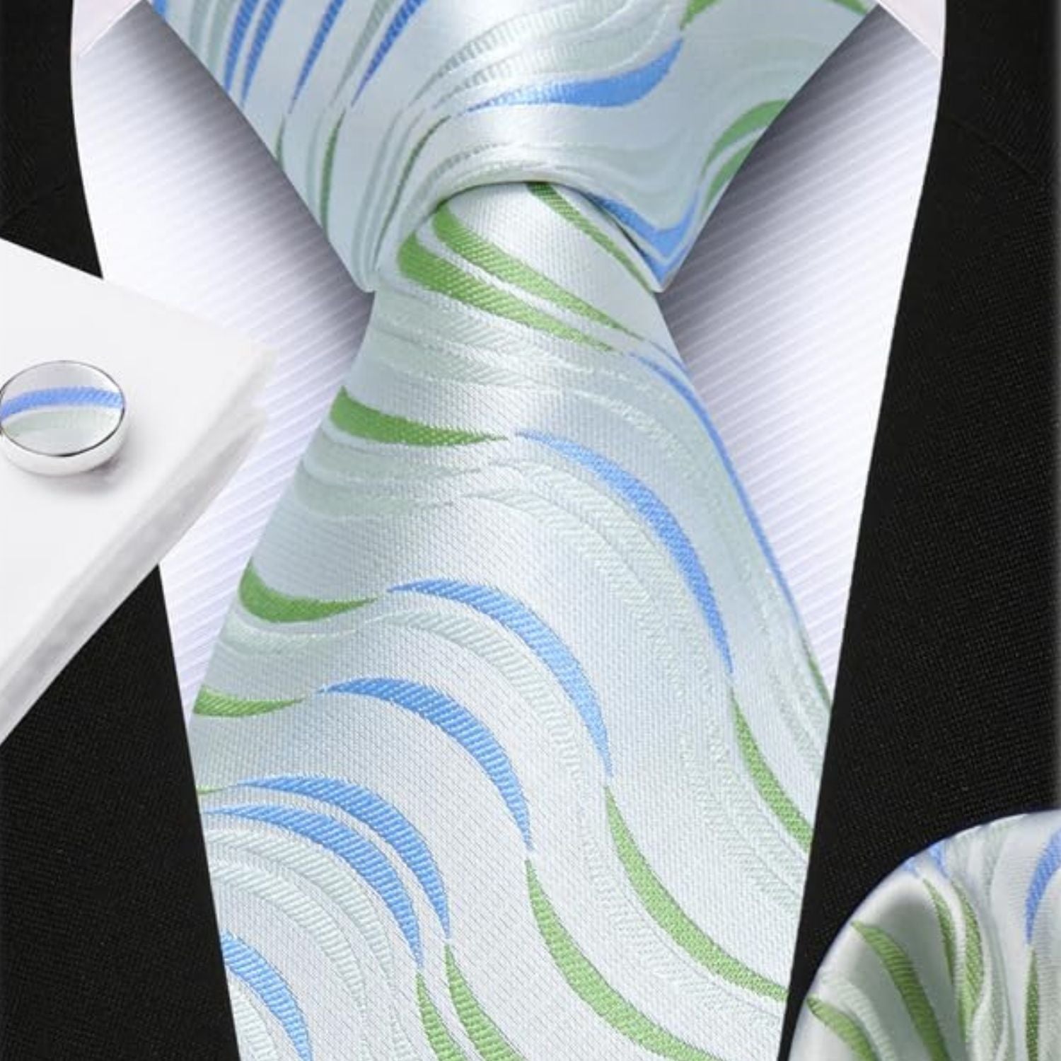 Hisdern Green Blue Striped Business Accessories Set with Cufflinks