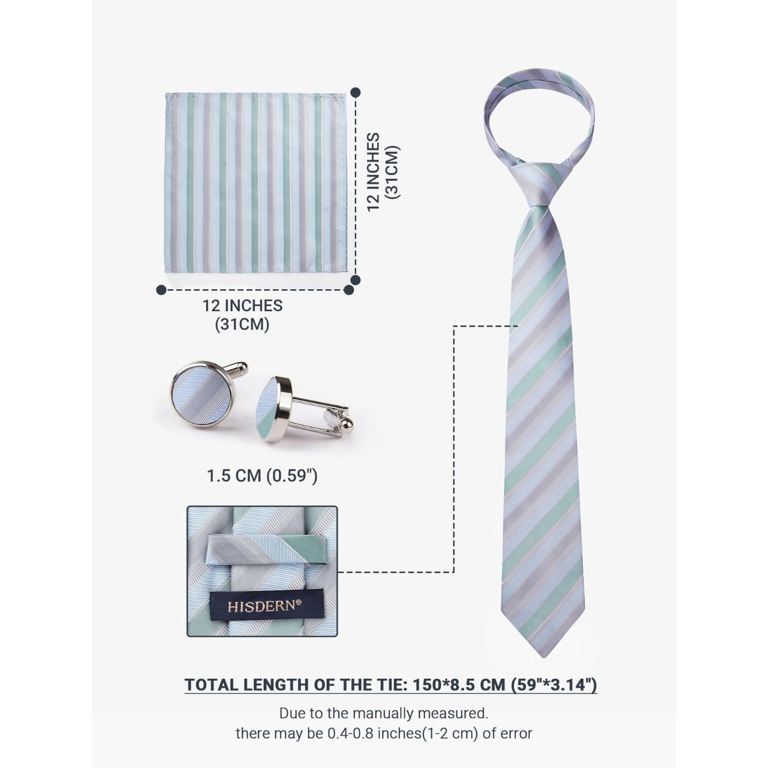 Hisdern Grey Striped Business Accessories Set with Cufflinks