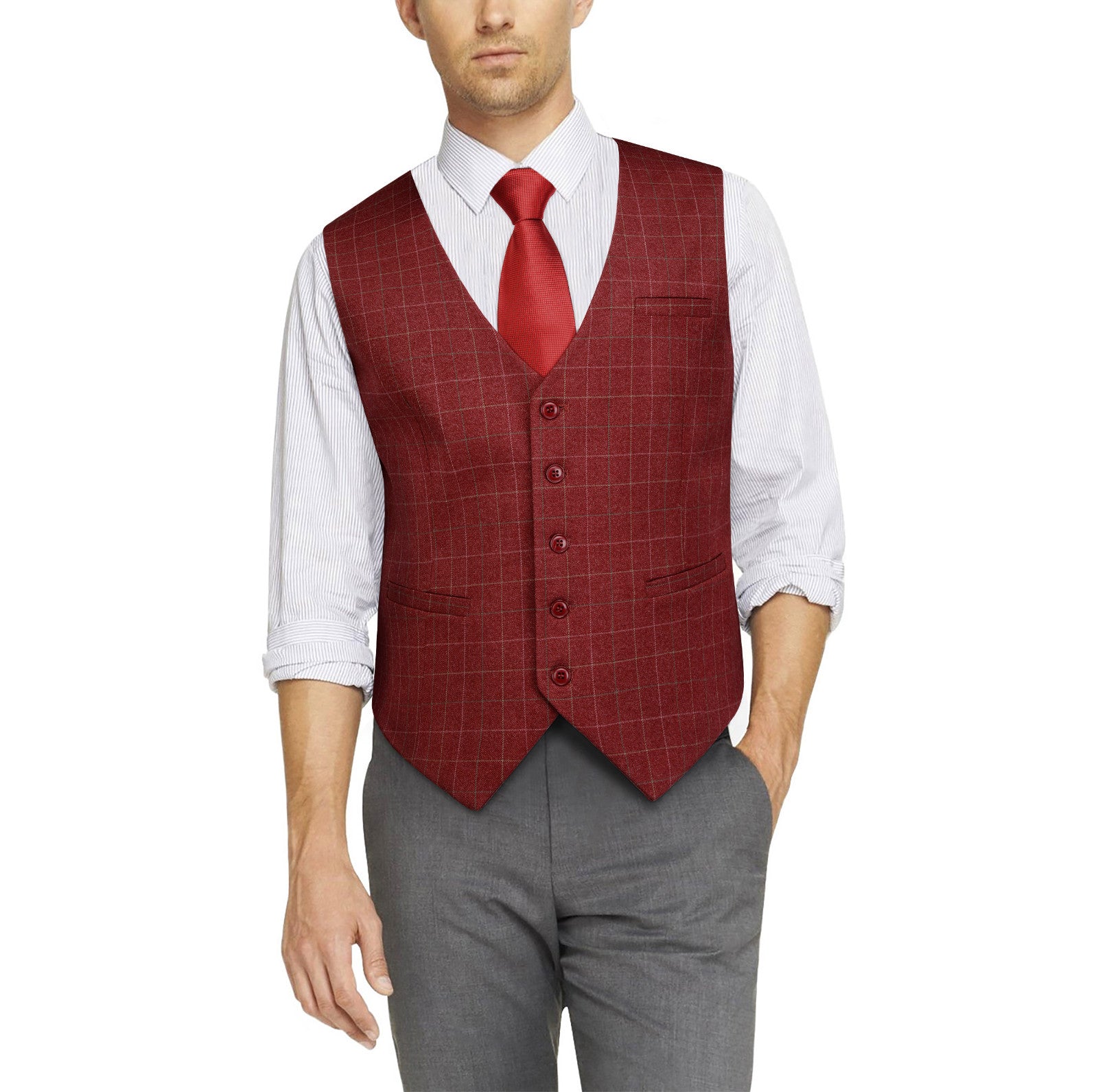 Plaid Slim Vest - A-RED