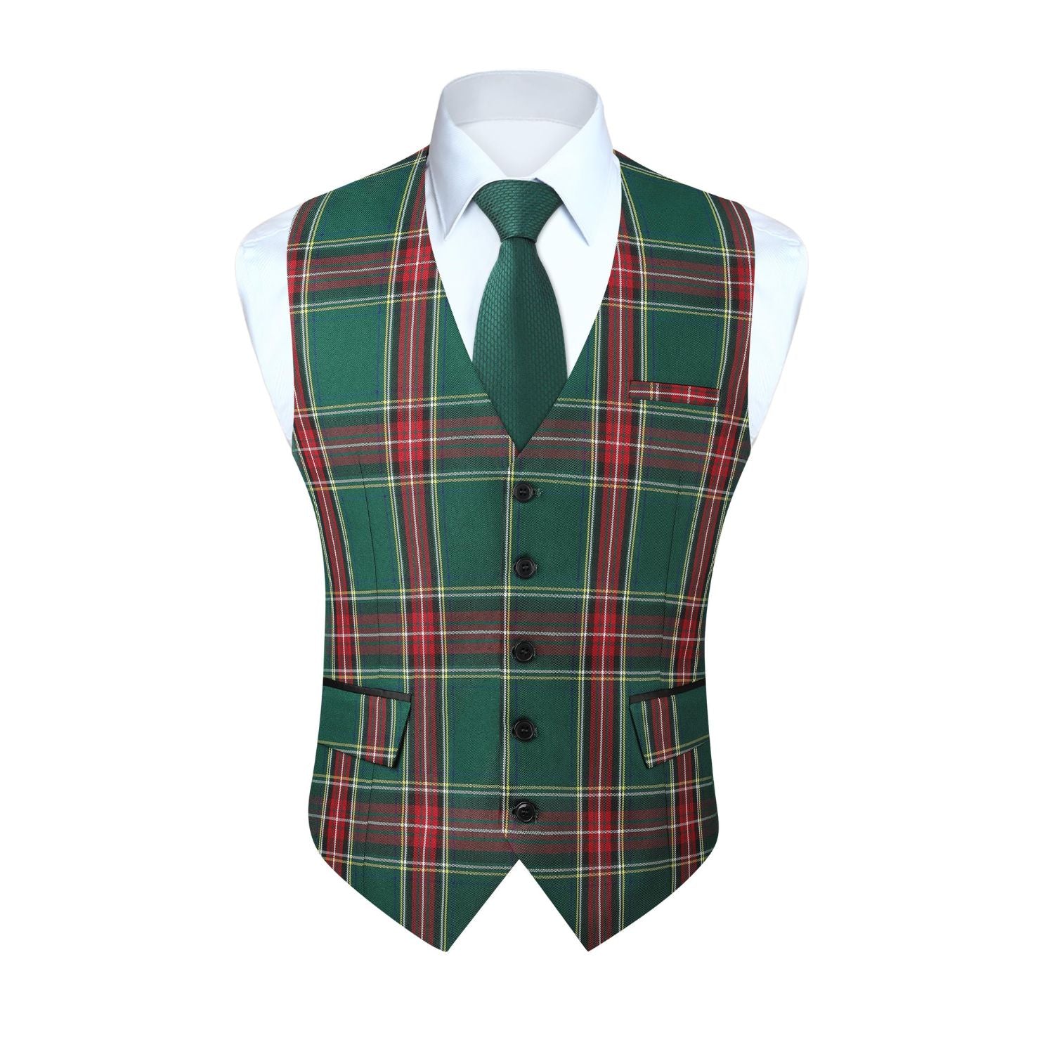 Men's Green Red Plaid Wedding Vest For Groomsmen