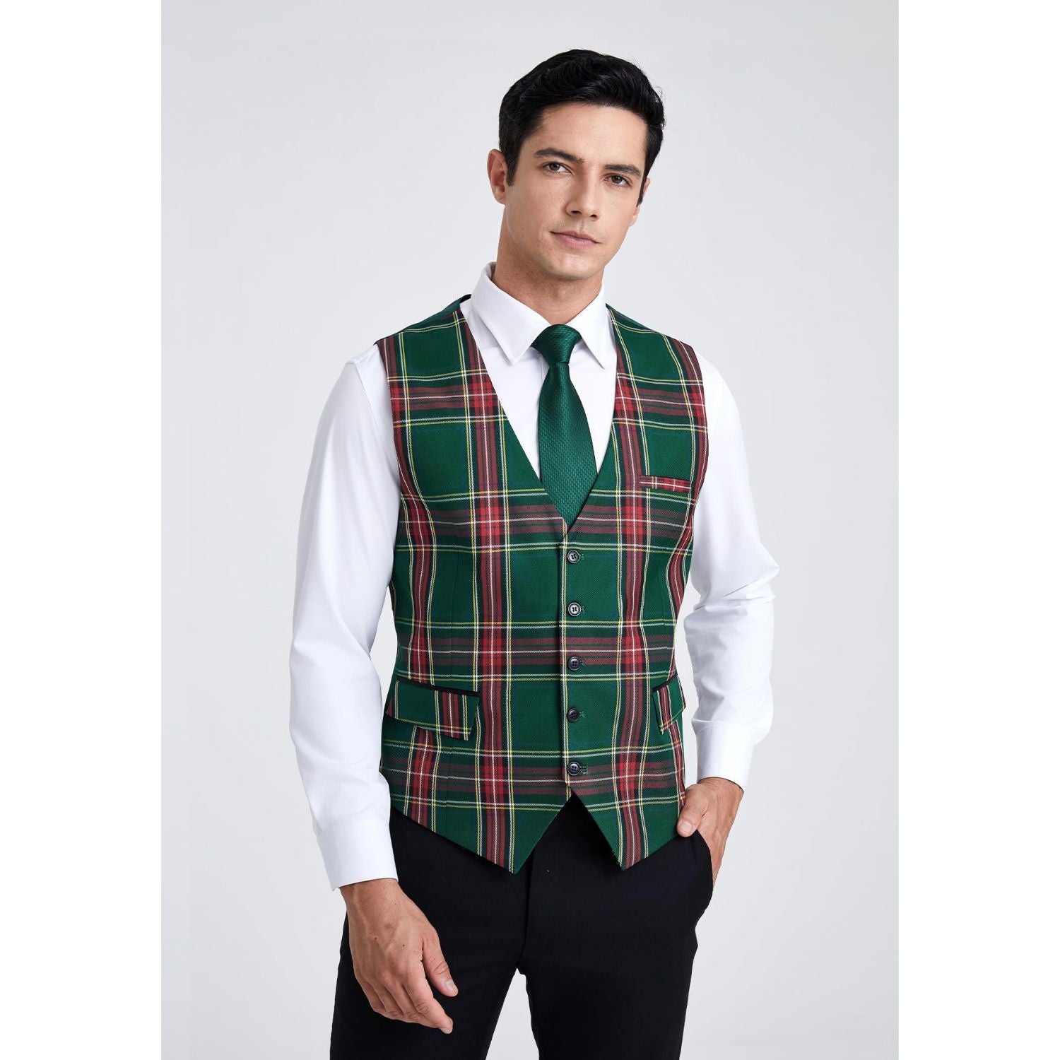 Men's Green Red Plaid Wedding Vest For Groomsmen