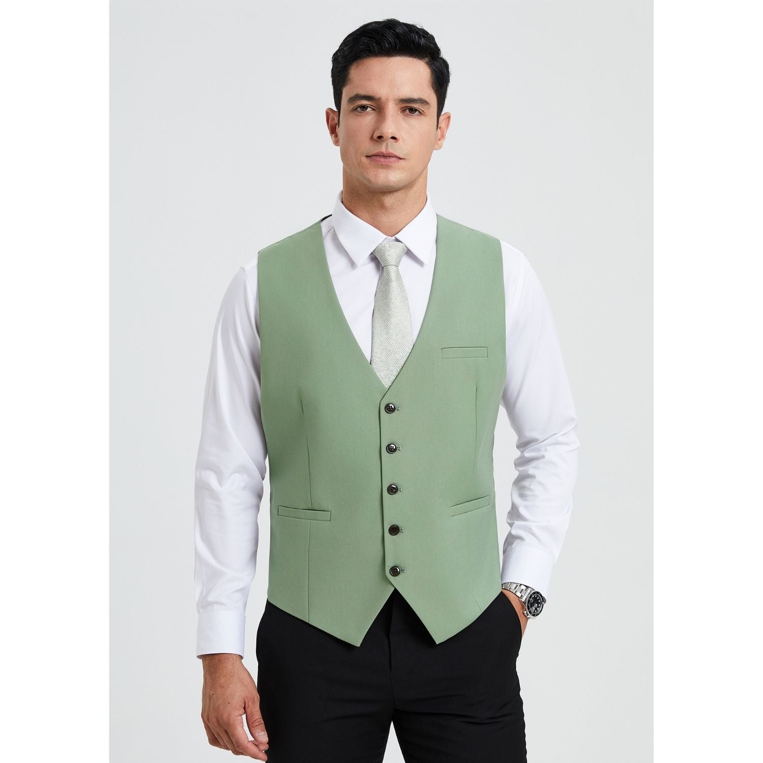 Hisdern Men's Light Green Solid Wedding Vest For Skinny Guys