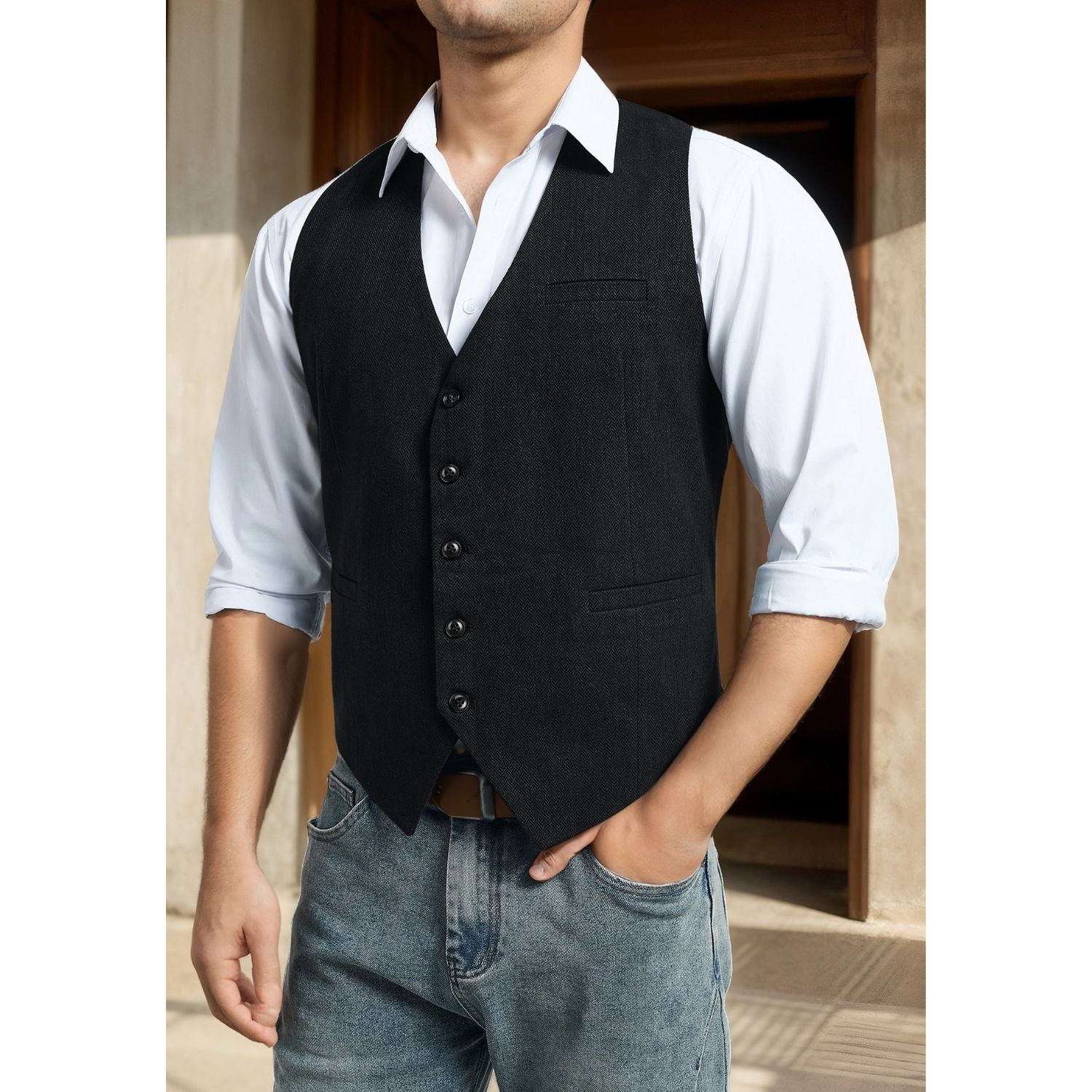 Men's Herringbone Tweed Vest - BLACK