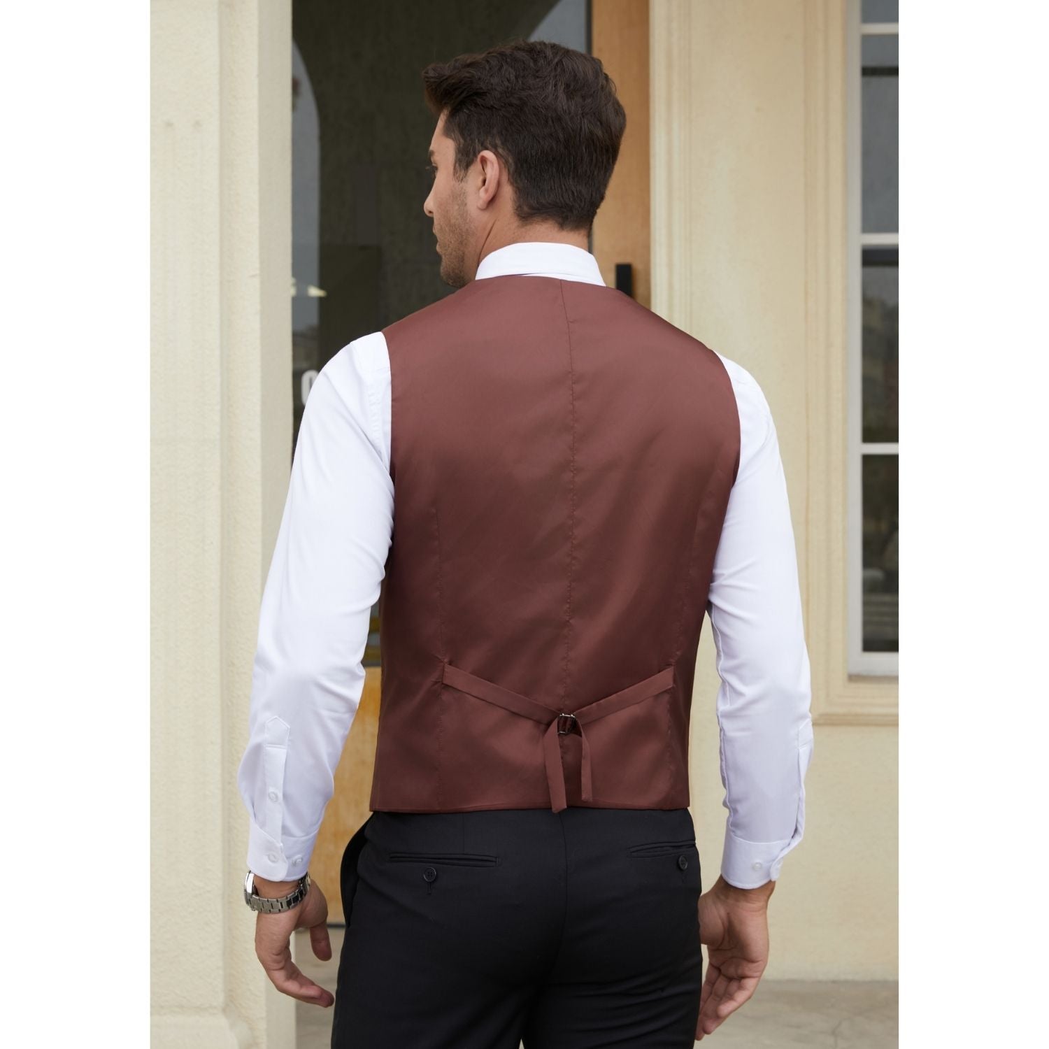 Hisdern Men's Brown Plaid Wedding Vest For Skinny Guys