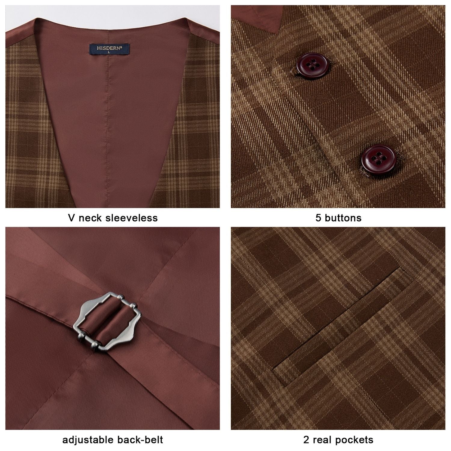 Hisdern Men's Brown Plaid Wedding Vest For Skinny Guys