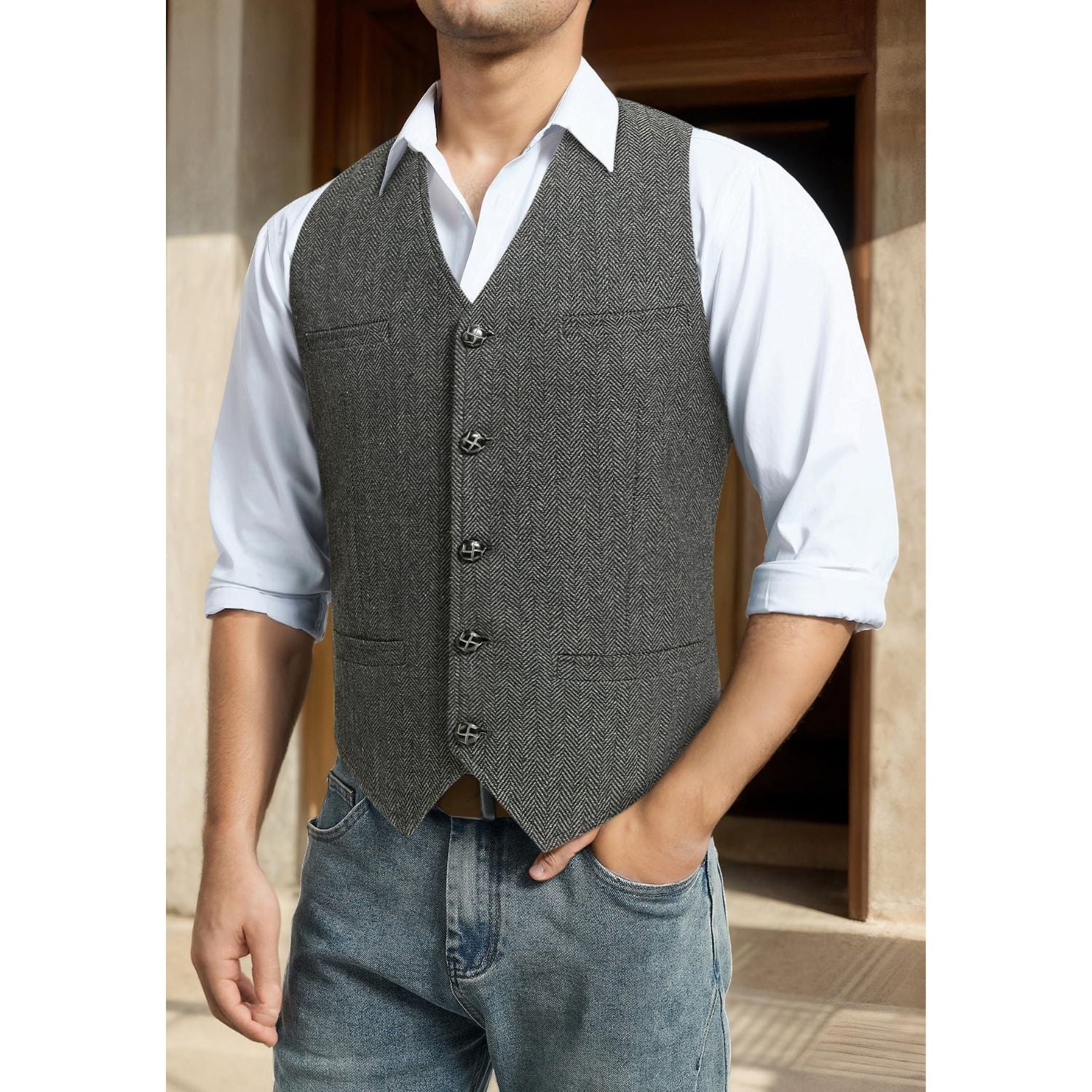 Hisdern Men's Herringbone Tweed Wool Vest Grey for Party Suit Vest